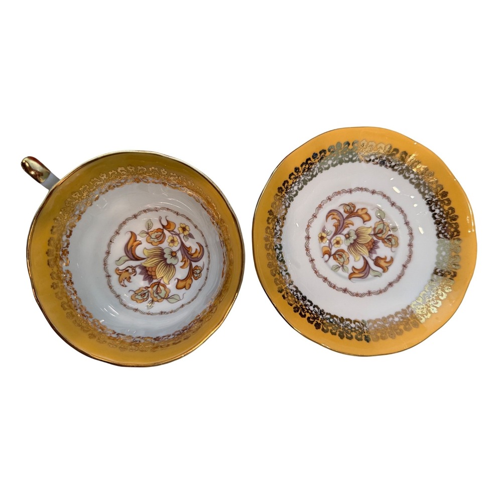 Elizabethan Staffordshire Bone China Teacup Saucer Set Gold Filigree Yel England